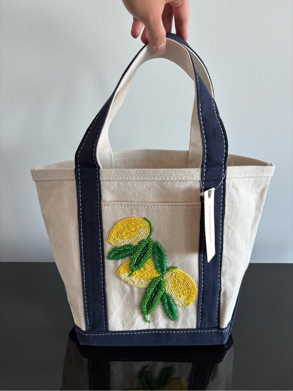 Brand New Anthropologie Canvas Tote with Lemon Beaded Embroidery and Navy Trim